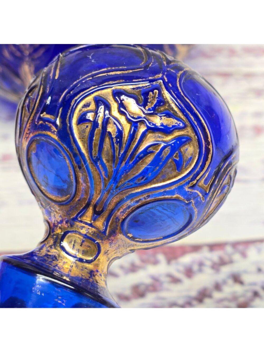 Vintage Cobalt Blue bohemian glass perfume bottle Hand-Painted Gold Floral - Picture 14 of 16